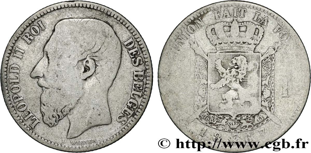 BELGIQUE 2 Francs Léopold II légende française 1867 B+