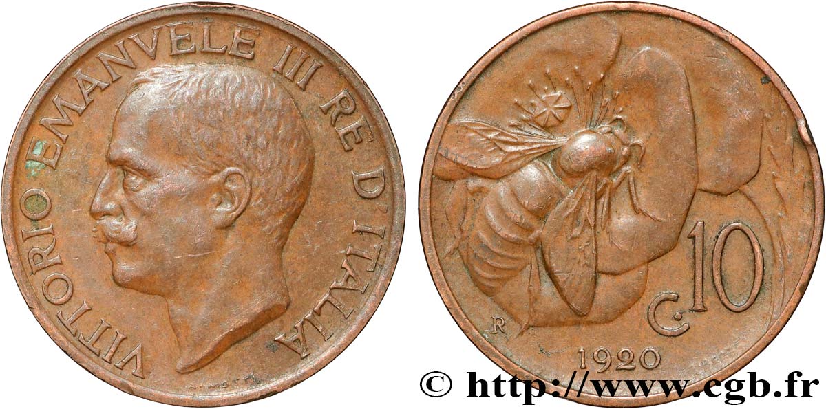 ITALY 10 Centesimi Victor Emmanuel III 1920 Rome XF