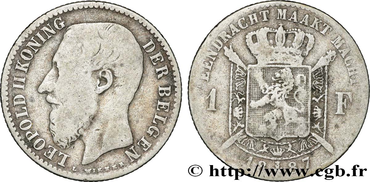 BELGIUM 1 Franc Léopold II légende flamande 1887 VF