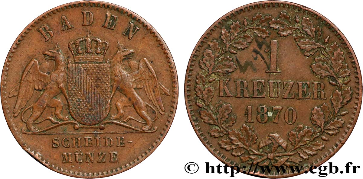 GERMANY - BADEN 1 Kreuzer Grand-Duché de Bade 1870  XF 