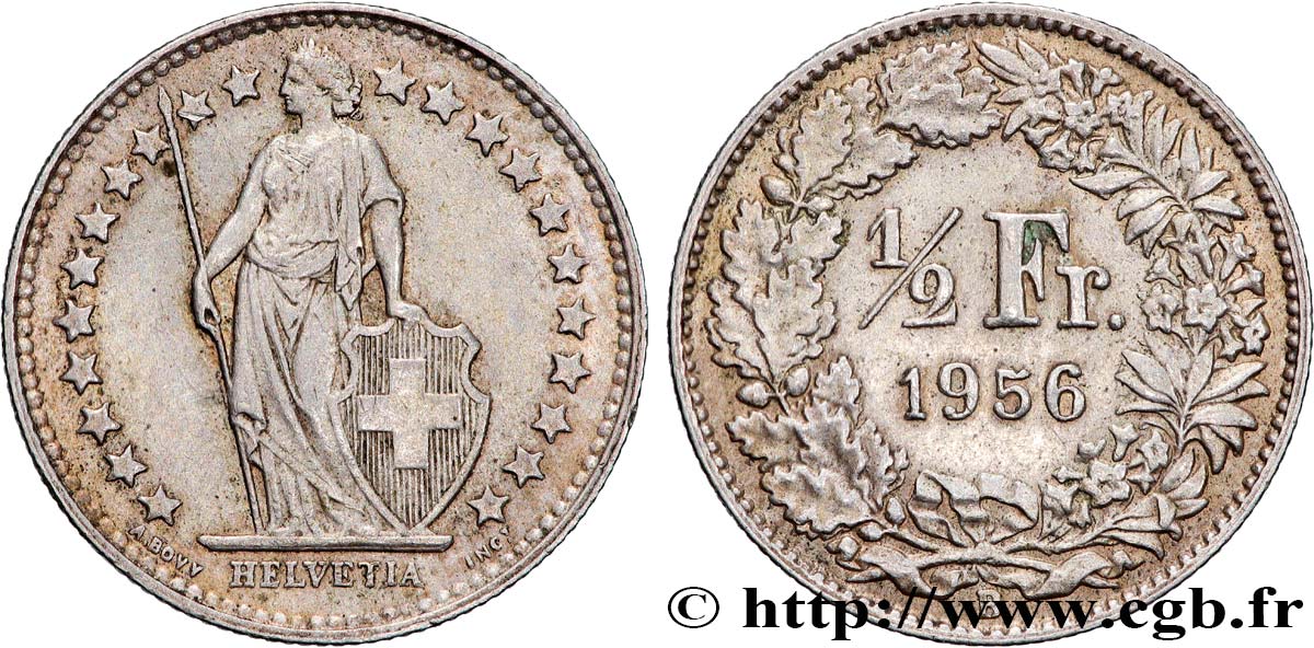 SWITZERLAND 1/2 Franc Helvetia 1956 Berne AU