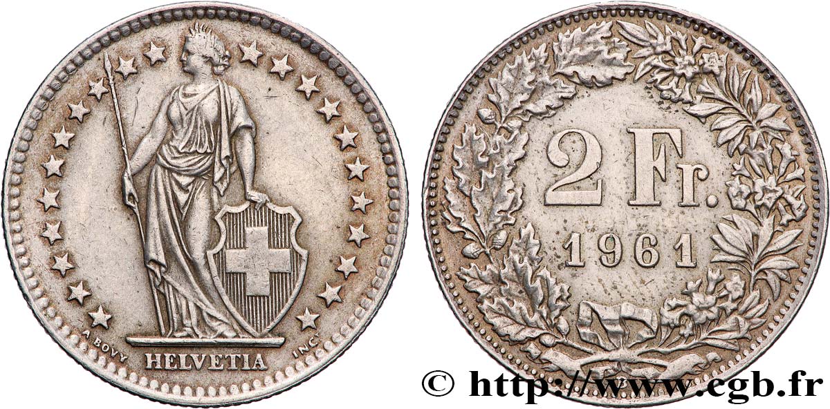 SWITZERLAND 2 Francs Helvetia 1961 Berne - B AU