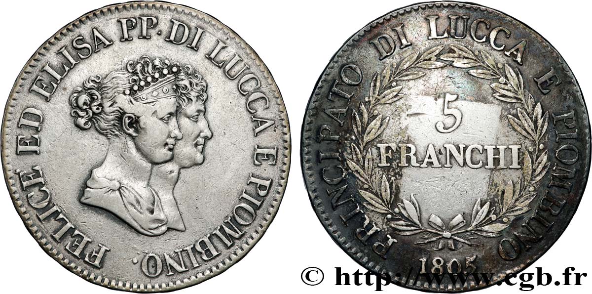 ITALIE - PRINCIPAUTÉ DE LUCQUES ET PIOMBINO - FÉLIX BACCIOCHI et ÉLISA BONAPARTE 5 Franchi - Moyens bustes 1805 Florence TTB+ 