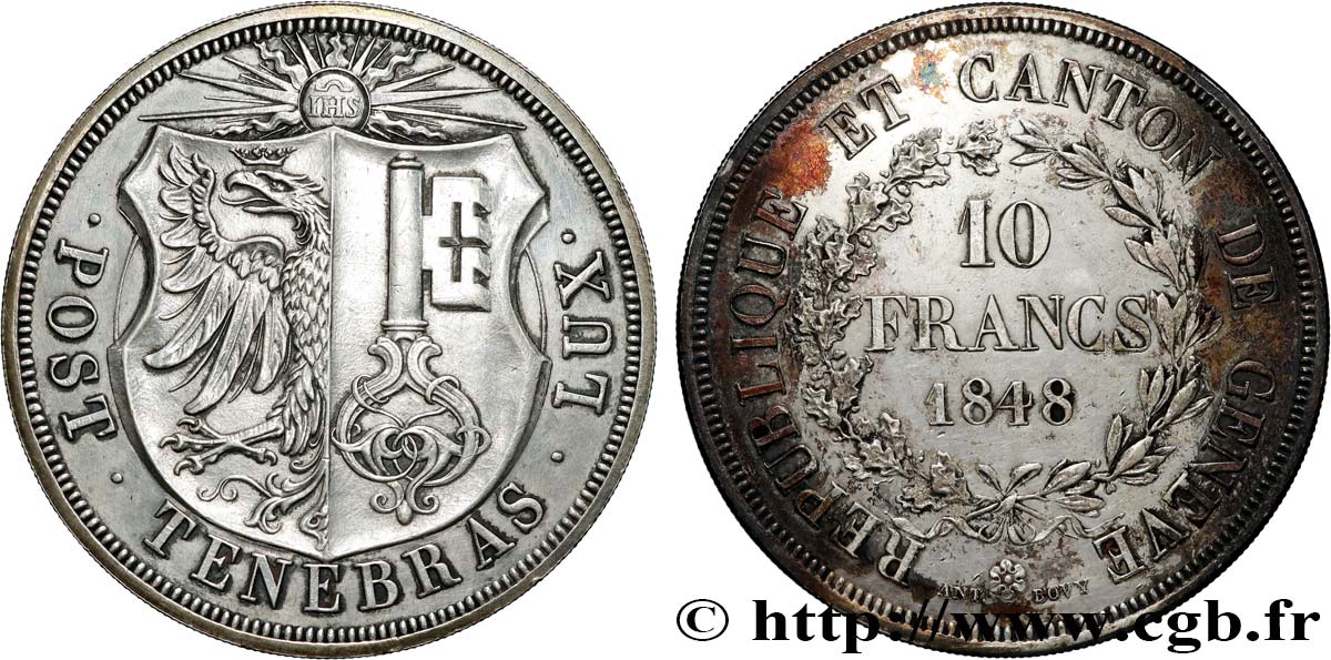 SUISSE - RÉPUBLIQUE DE GENÈVE 10 Francs 1848  TTB+ 