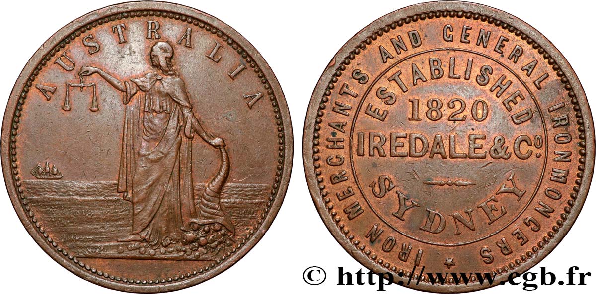AUSTRALIA Token de 1 Penny IREDALE &C°, Sydney / allégorie de la Justice 1820  XF 
