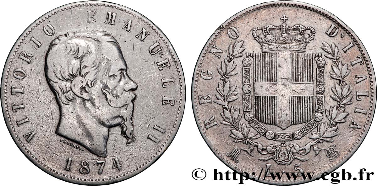 ITALIE 5 Lire Victor Emmanuel II 1874 Milan TB+