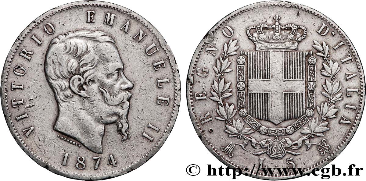 ITALIE 5 Lire Victor Emmanuel II 1874 Milan TB+