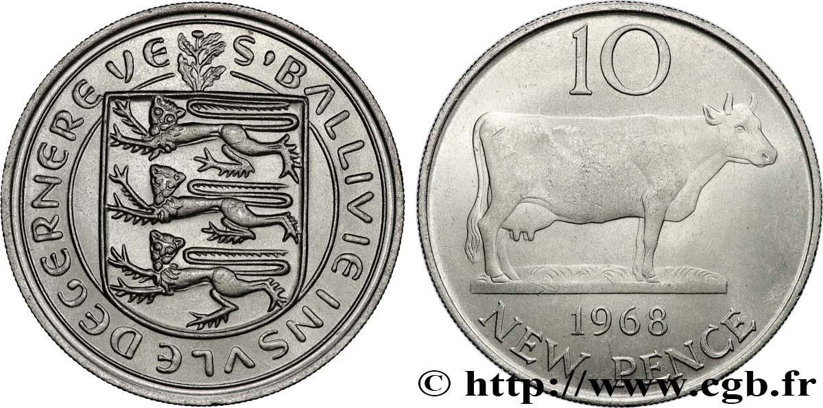 GUERNSEY 10 New Pence emblème du bailliage / vache 1968 EBC