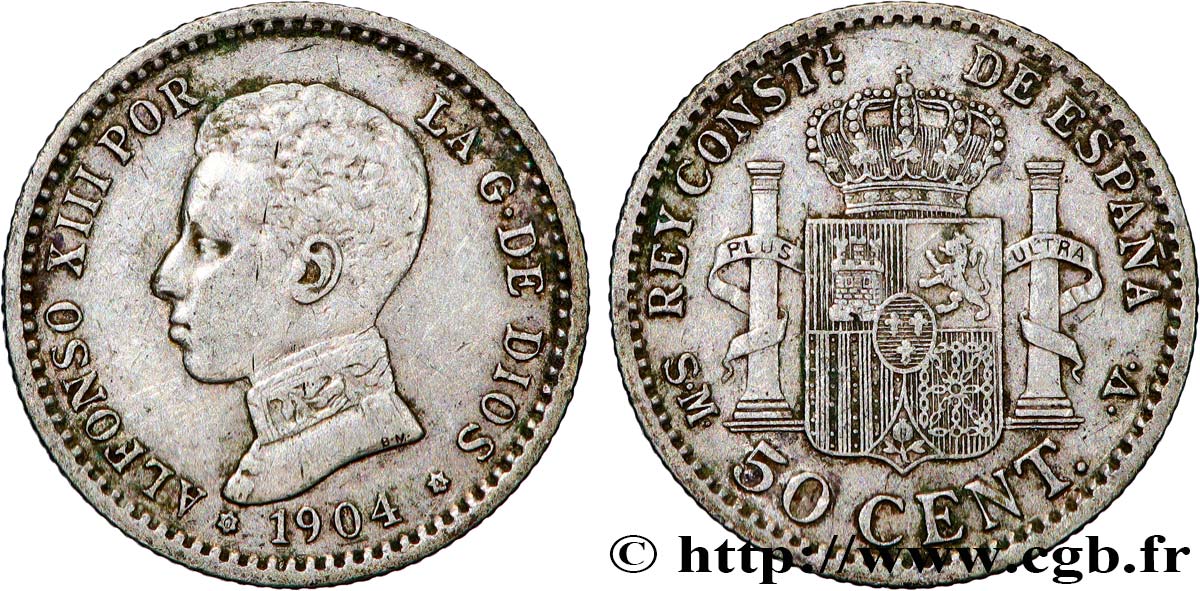 SPAIN 50 Centimos Alphonse XIII S.M.-.V. (04) 1904 Madrid XF