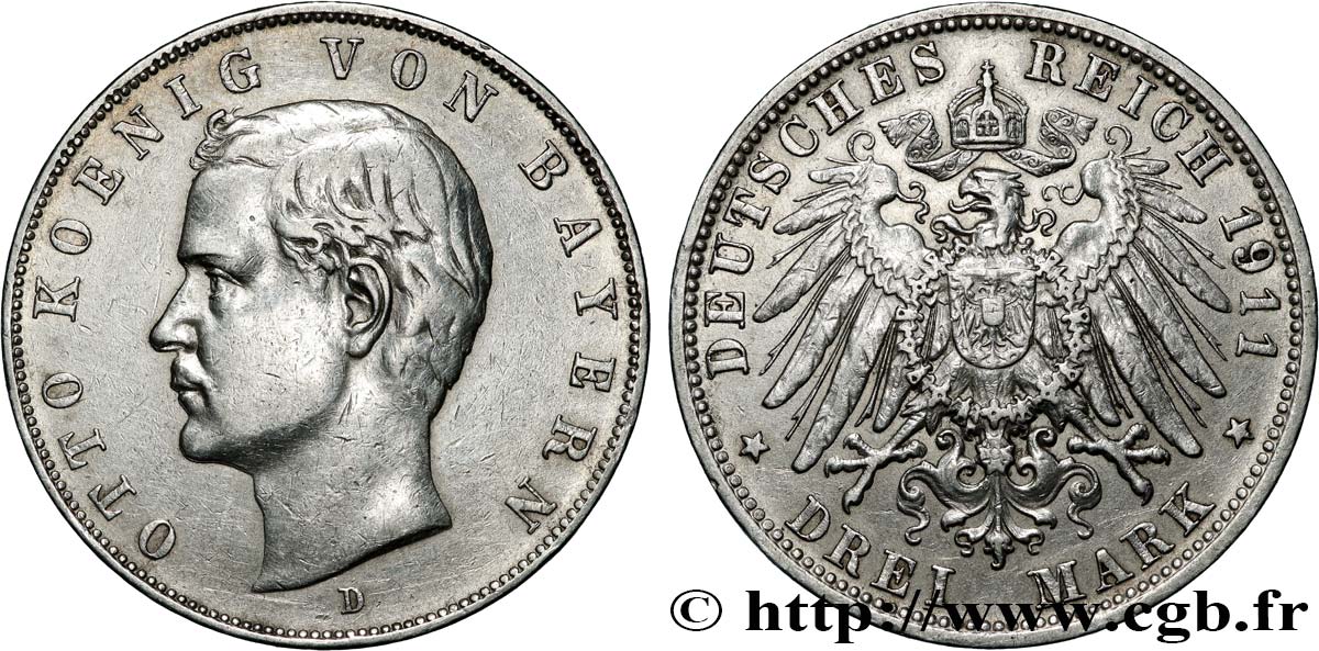 GERMANY - BAVARIA 3 Mark Othon Ier 1911 Munich  XF 