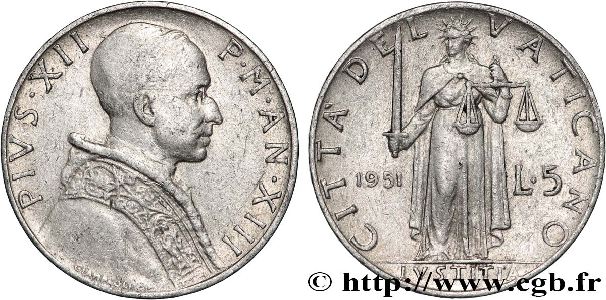 VATICAN AND PAPAL STATES 5 Lire Pie XII an XIII 1951 Rome - R AU