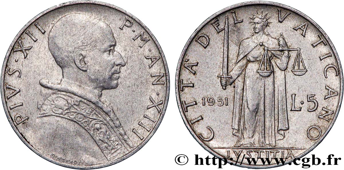 VATICANO Y ESTADOS PONTIFICIOS 5 Lire Pie XII an XIII 1951 Rome - R MBC+