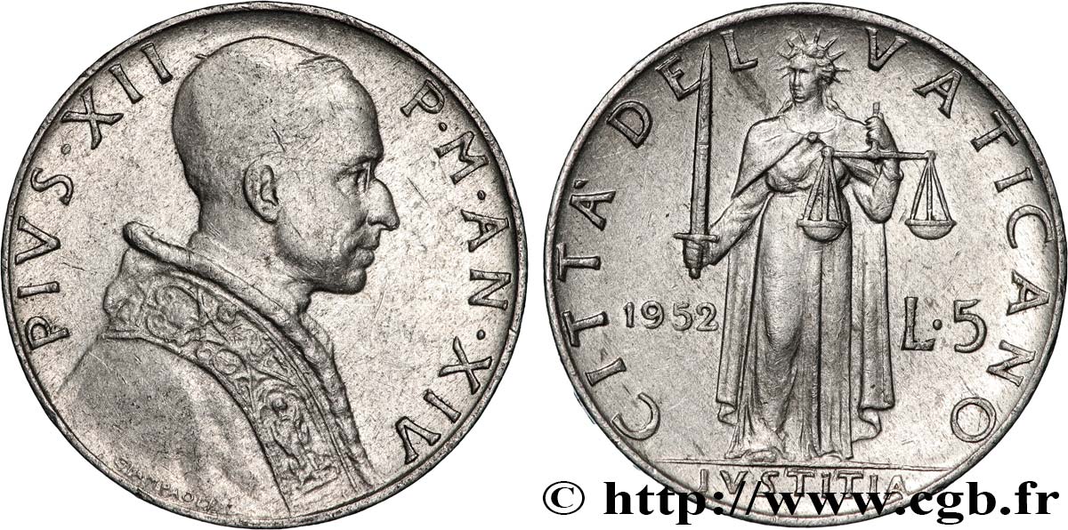 VATICAN AND PAPAL STATES 5 Lire Pie XII an XIV 1952 Rome - R AU 