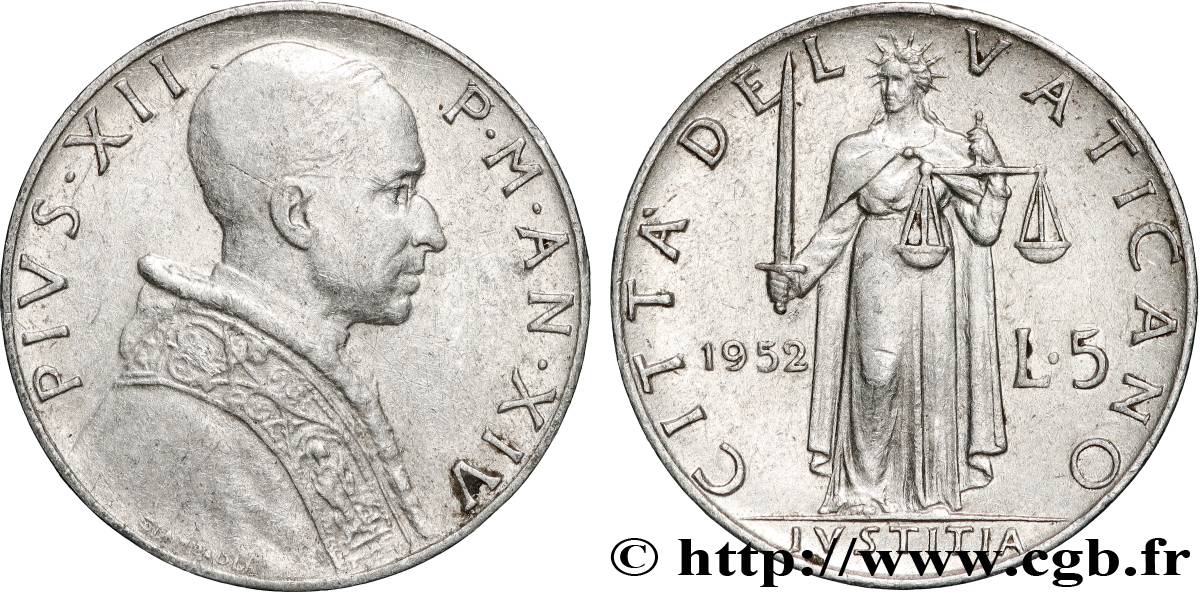 VATICAN ET ÉTATS PONTIFICAUX 5 Lire Pie XII an XIV 1952 Rome - R TTB+