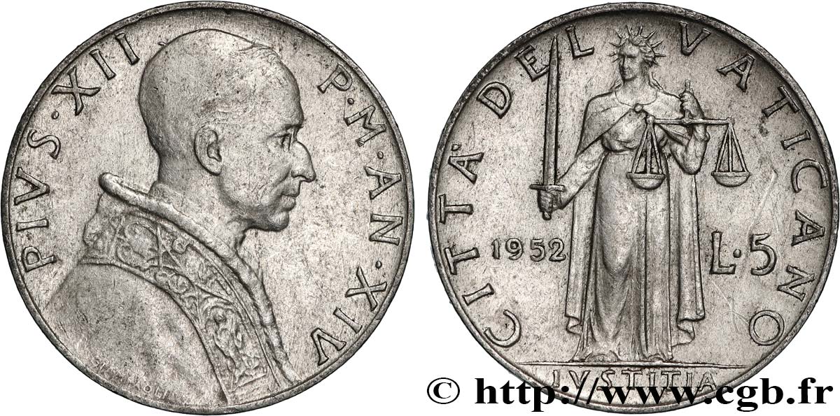 VATICAN AND PAPAL STATES 5 Lire Pie XII an XIV 1952 Rome - R AU