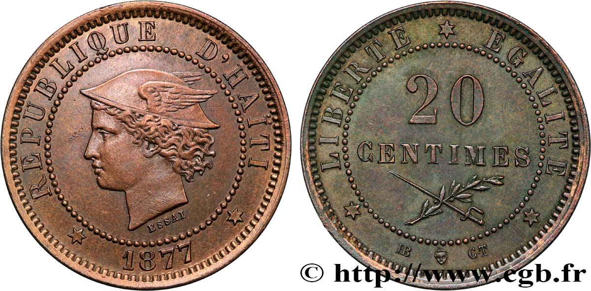 HAITI - REPUBLIC Essai de 20 Centimes buste au pégase 1877  AU 