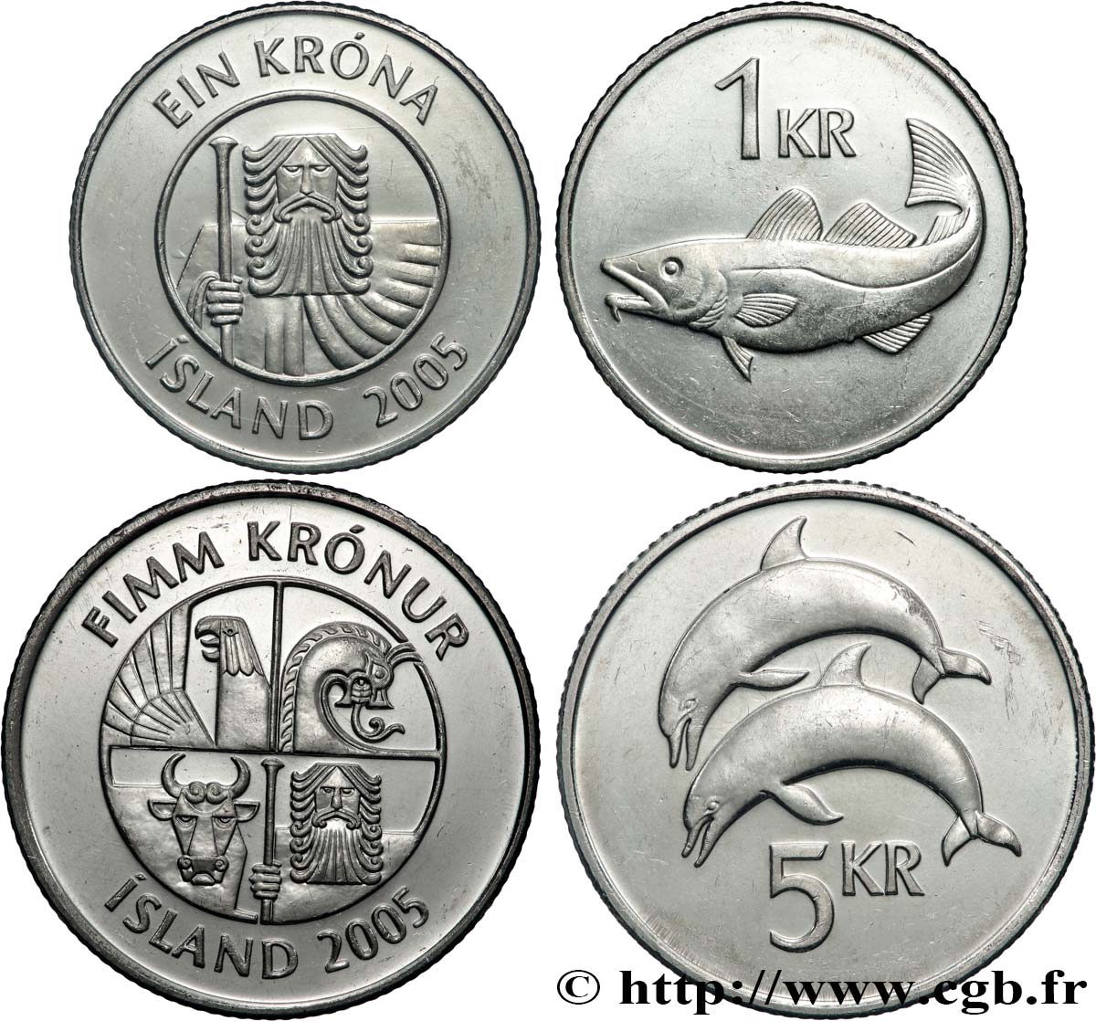 ICELAND Lot 1 Krona et 5 Kronur 2005  MS 
