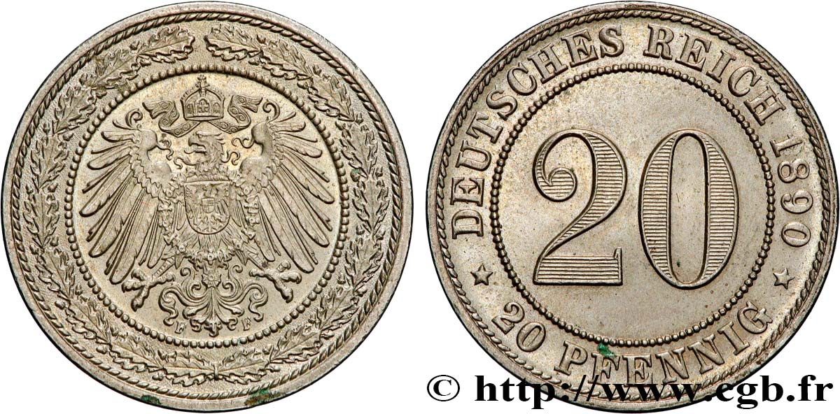 GERMANY 20 Pfennig 1890 Stuttgart AU 