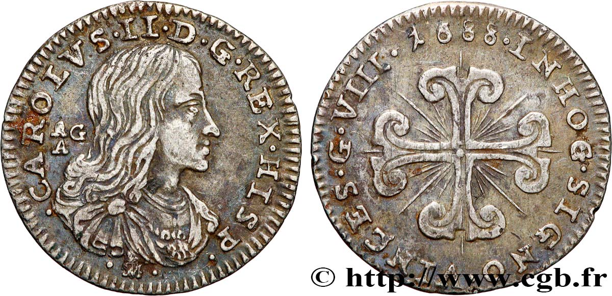 ITALY - KINGDOM OF NAPLES - CHARLES II OF SPAIN 8 Grana 1688 Naples XF 