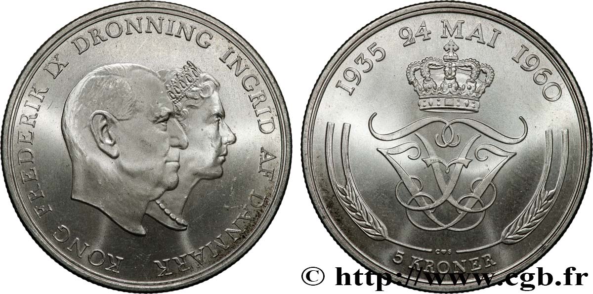 DINAMARCA 5 Kroner Noces d’argent 1960 Copenhague MS 