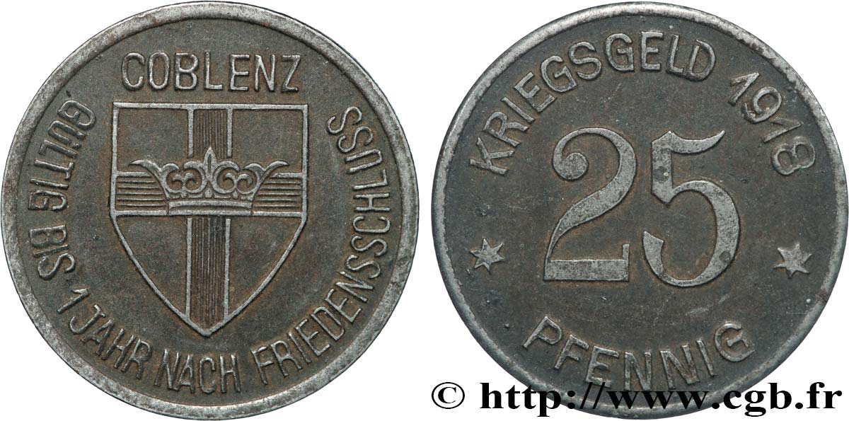 ALLEMAGNE - Notgeld 25 Pfennig Coblenz (Coblence) 1918  TTB 