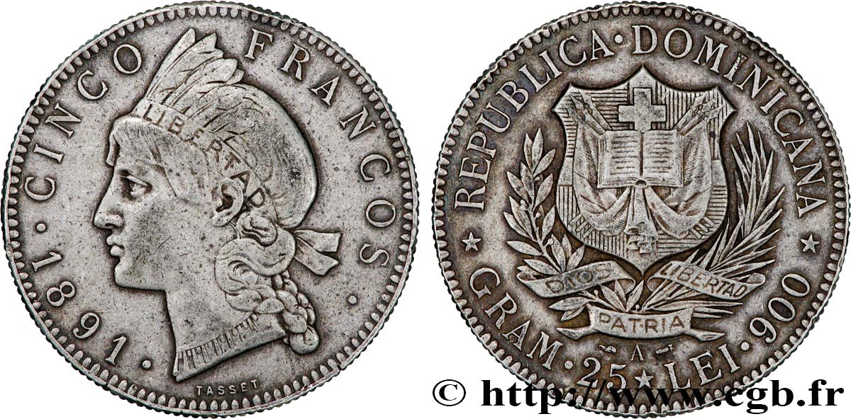 DOMINICAN REPUBLIC 5 Francos 1891 Paris XF 