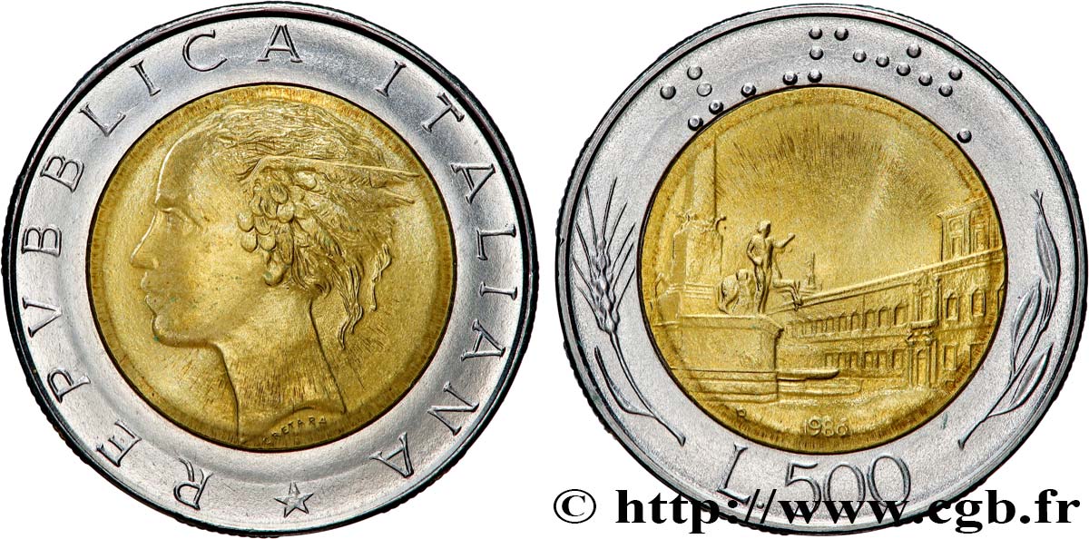 ITALY 500 Lire tête de femme représentant la République / Place et Palais du Quirinal à Rome 1986 Rome - R AU