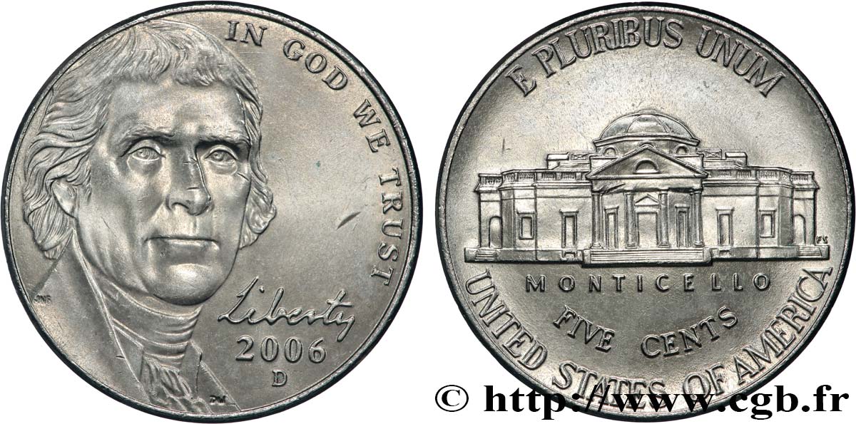 ÉTATS-UNIS D AMÉRIQUE 5 Cents président Thomas Jefferson d’après Rembrandt Peale / Monticello 2006 Denver SPL