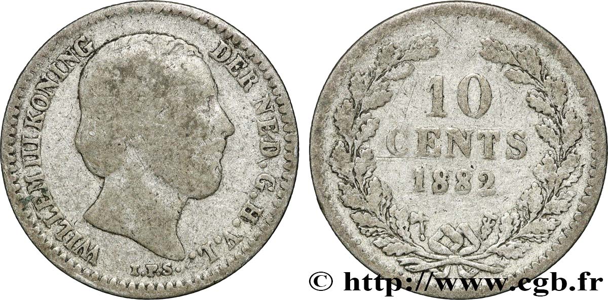 NETHERLANDS 10 Cents Guillaume III 1882 Utrecht VF