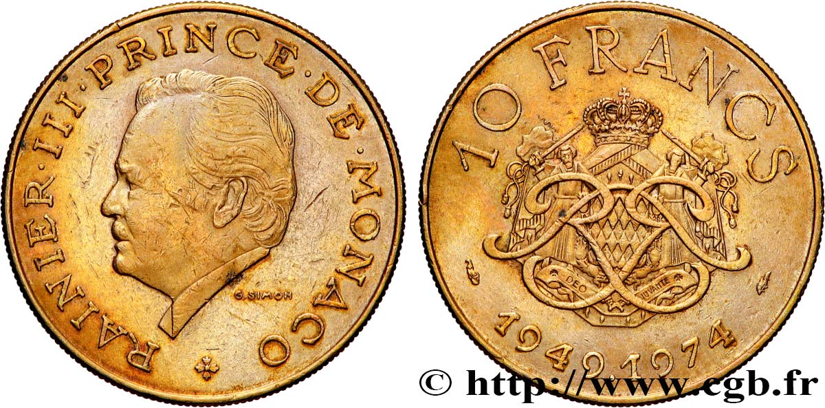 MONACO 10 Francs 25e anniversaire du règne de Rainier III 1974 Paris AU