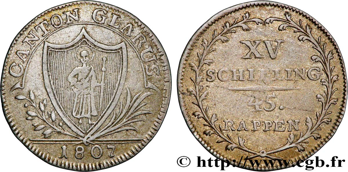 SWITZERLAND - CANTON OF GLARUS 15 Schilling (45 Rappen)  1807  VF 