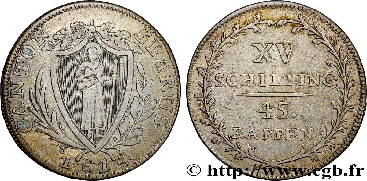 SWITZERLAND - CANTON OF GLARUS 15 Schilling (45 Rappen)  1814  XF 