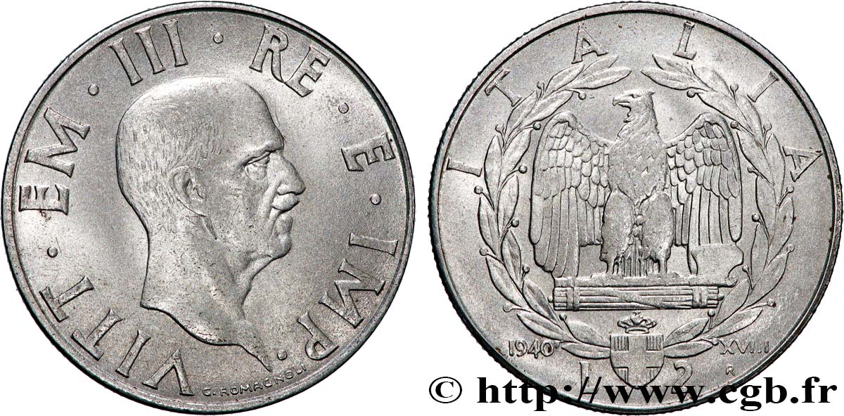 ITALY 2 Lire Victor Emmanuel III an XVIII 1940 Rome XF