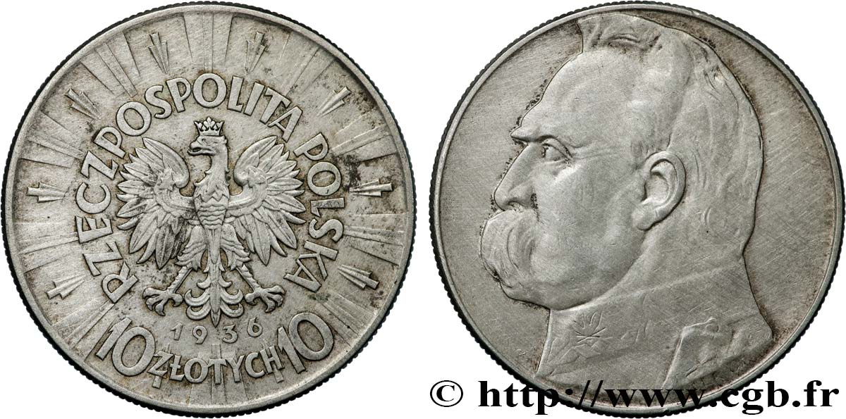 POLONIA 10 Zlotych Maréchal Pilsudski 1936 Varsovie MBC