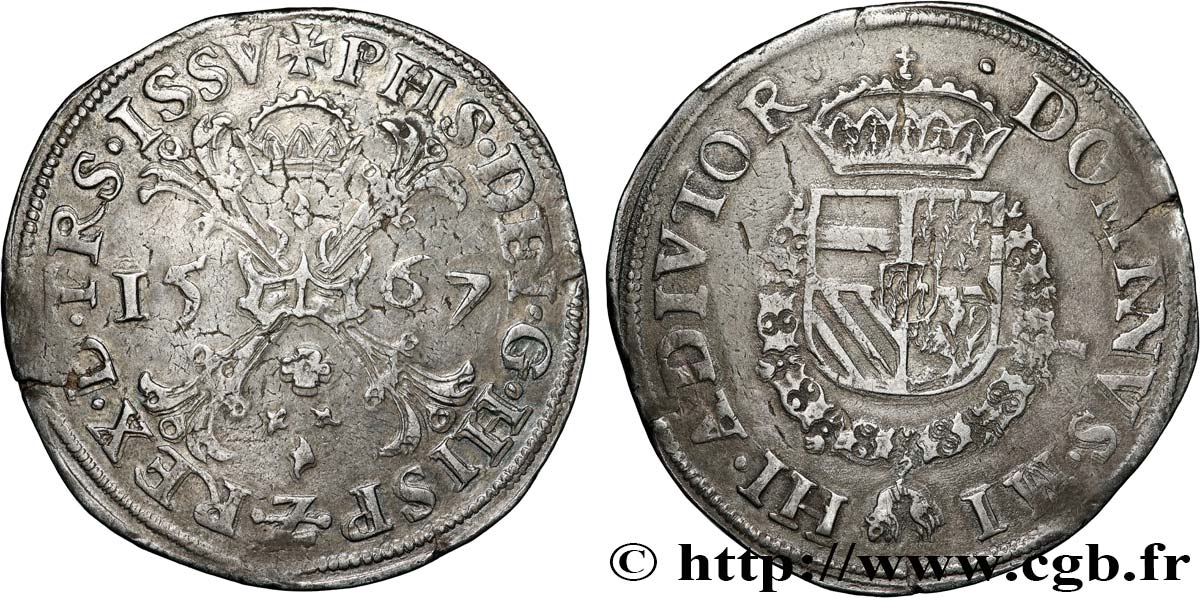 SPANISH NETHERLANDS - COUNTY OF FLANDERS - PHILIP II OF SPAIN Écu de Bourgogne 1567 Hesselt XF 