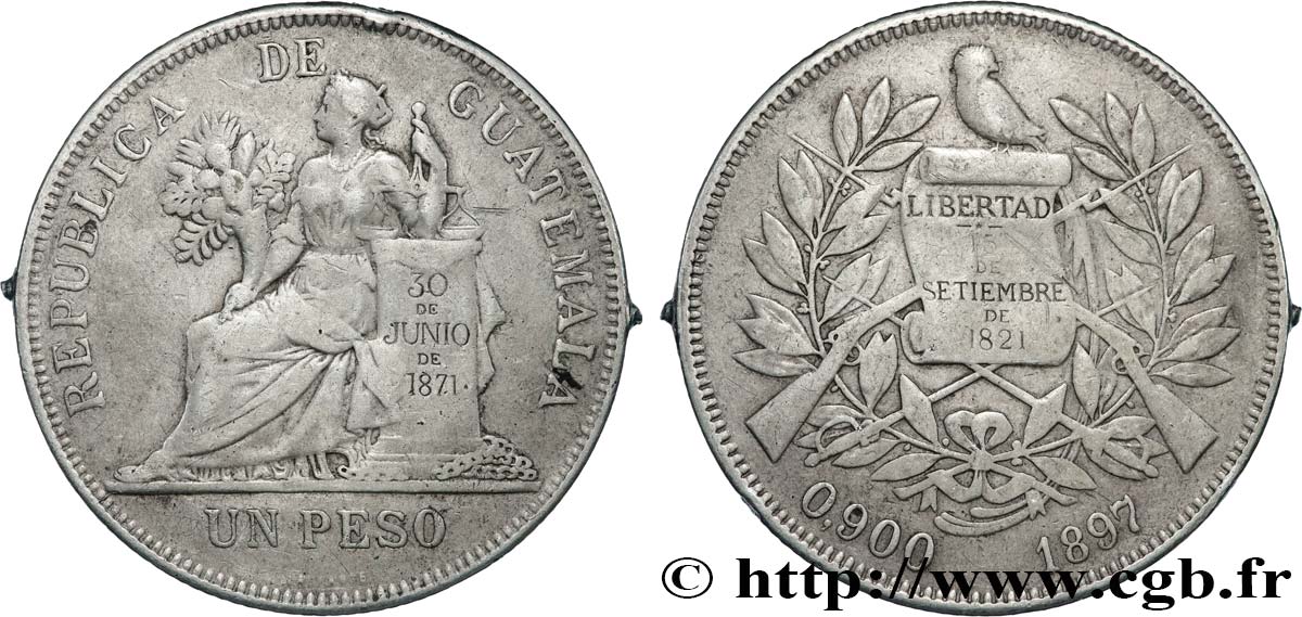 GUATEMALA 1 Peso 1897 Guatemala VF 