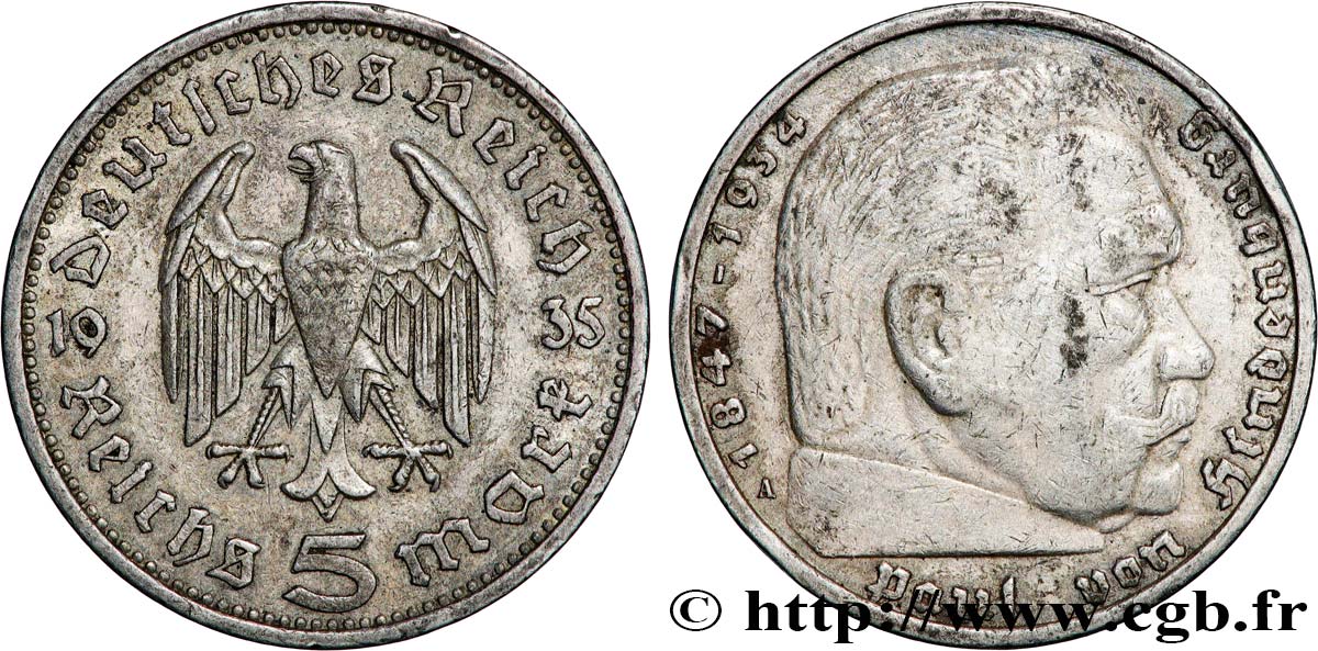 GERMANY 5 Reichsmark Maréchal Paul von Hindenburg 1935 Berlin XF