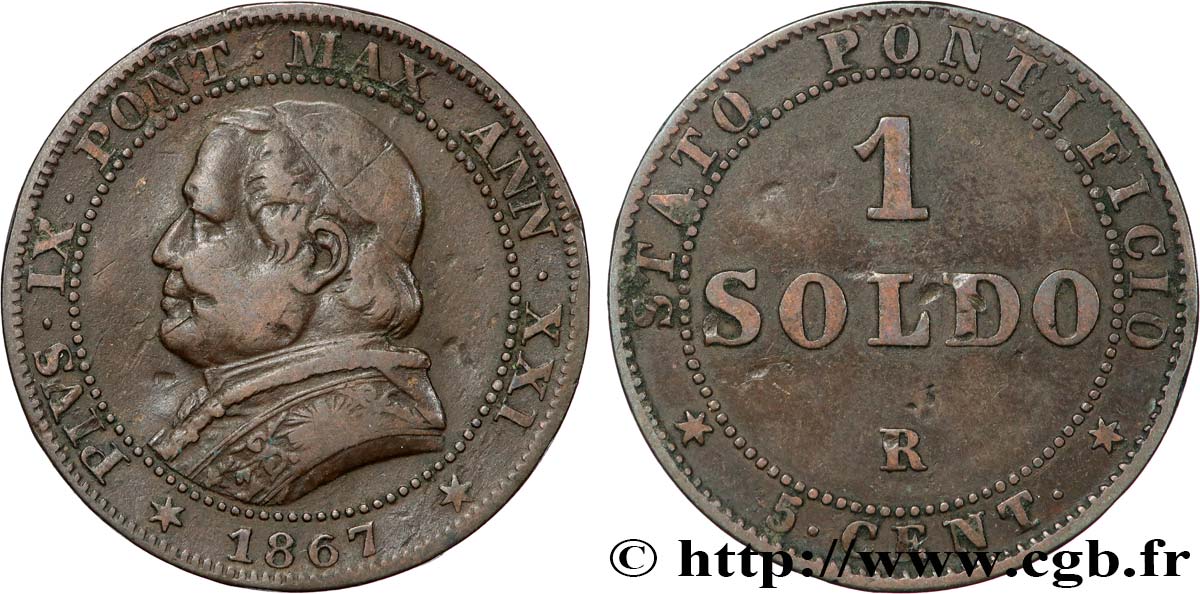 VATICAN ET ÉTATS PONTIFICAUX 1 Soldo an XXI buste large 1867 Rome TB+