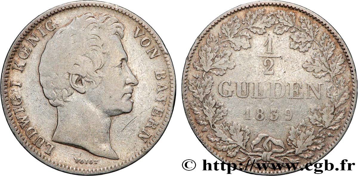 ALLEMAGNE - BAVIÈRE 1/2 Gulden Louis Ier 1839 Munich TB+ 