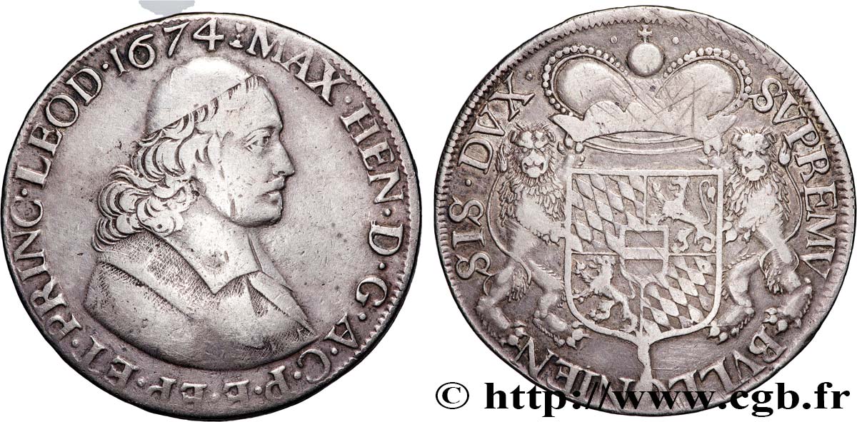 BISHOPRIC OF LIEGE - MAXIMILIAN HENRY OF BAVARIA Ducaton, 2e type 1674 Liège VF/XF 