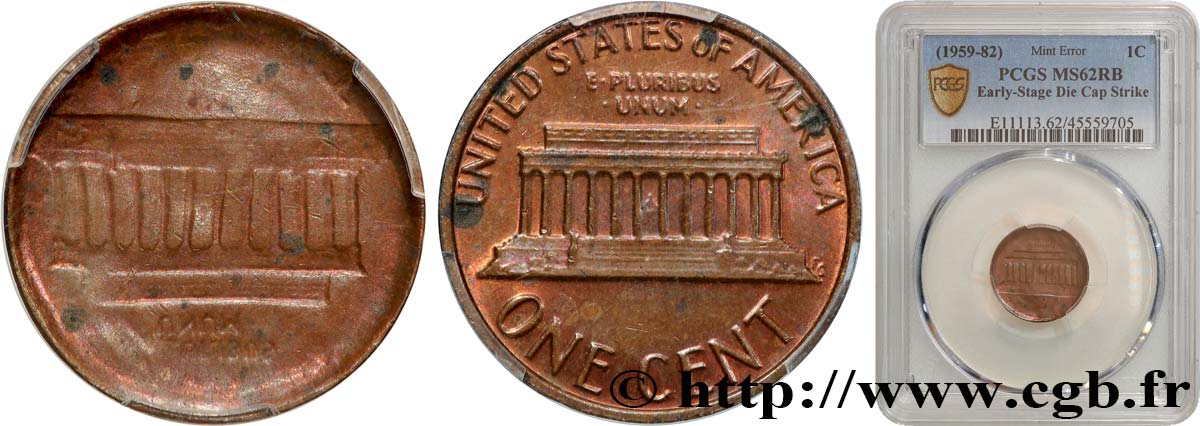 UNITED STATES OF AMERICA 1 Cent Lincoln, Early-Stage Die Cap Strike (1959-1982)  MS62 PCGS