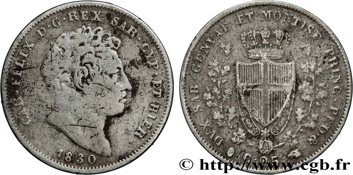 ITALIE - ROYAUME DE SARDAIGNE 25 Centesimi Charles-Félix 1830 Turin TB