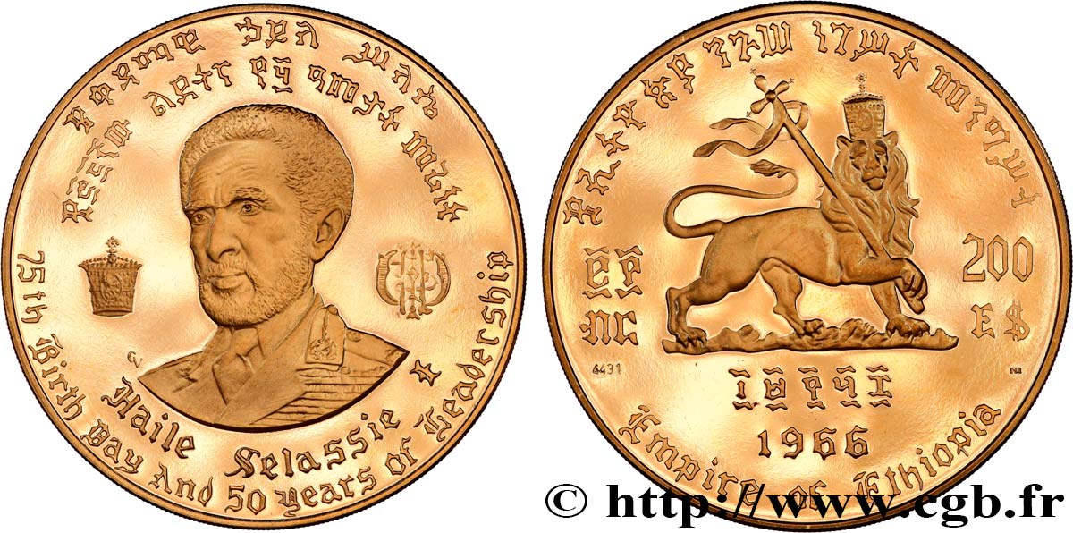 ÉTHIOPIE 200 Dollars Proof 75e anniversaire et 50 ans de règne de Hailé Selassié 1966  SPL 