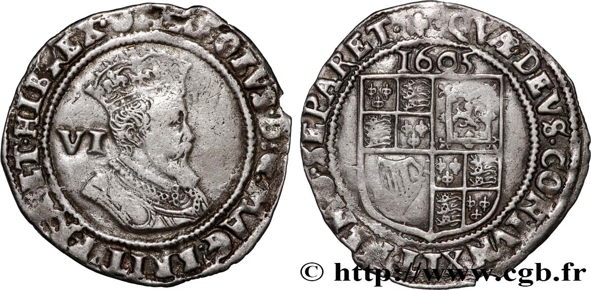 ANGLETERRE - ROYAUME D ANGLETERRE - JACQUES Ier 6 Shilling 1605  XF/AU 