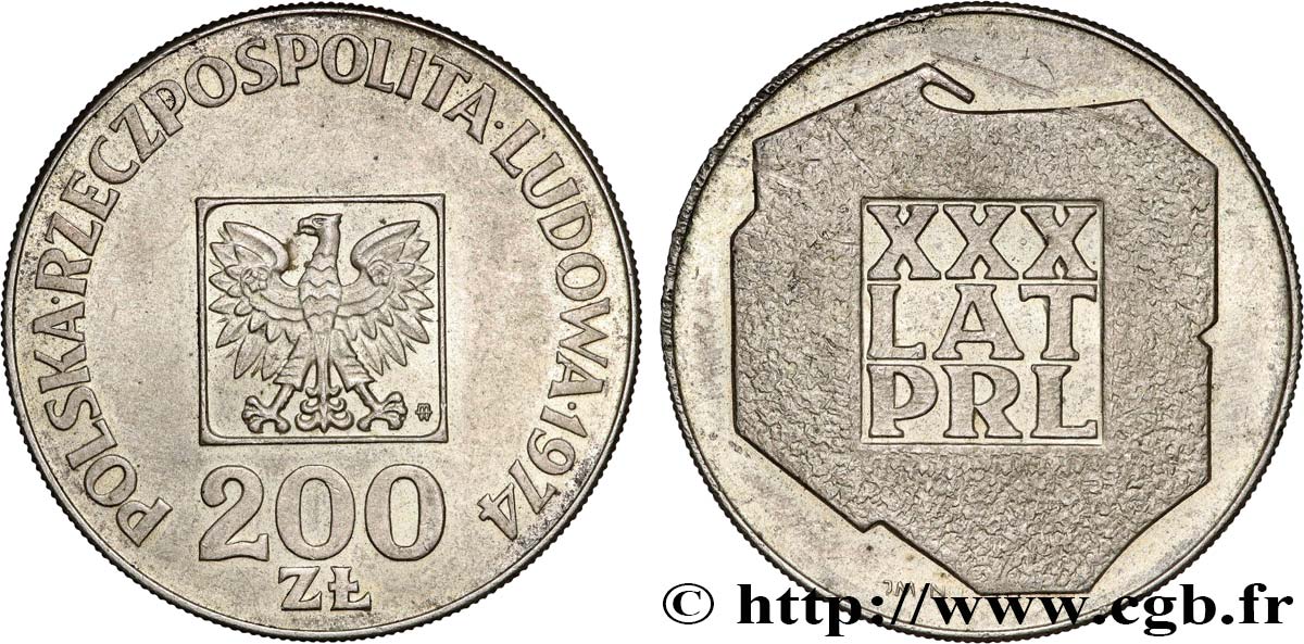 POLOGNE 200 Zlotych aigle 30e anniversaire de la fondation de la république populaire 1974 Varsovie SUP