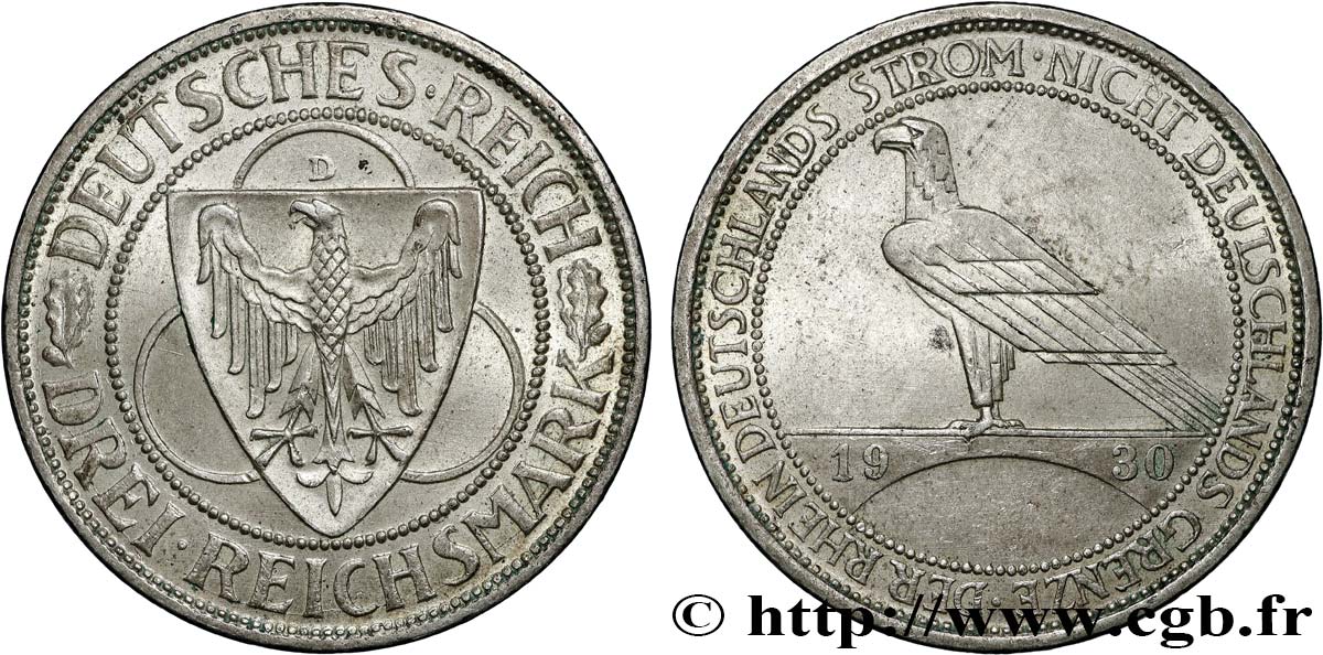 GERMANY 3 Reichsmark Libération de la Rhénanie 1930 Munich AU 