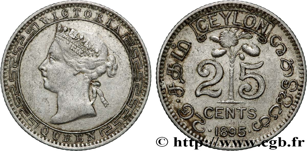 CEYLON 25 Cents Victoria 1895  q.SPL/SPL 