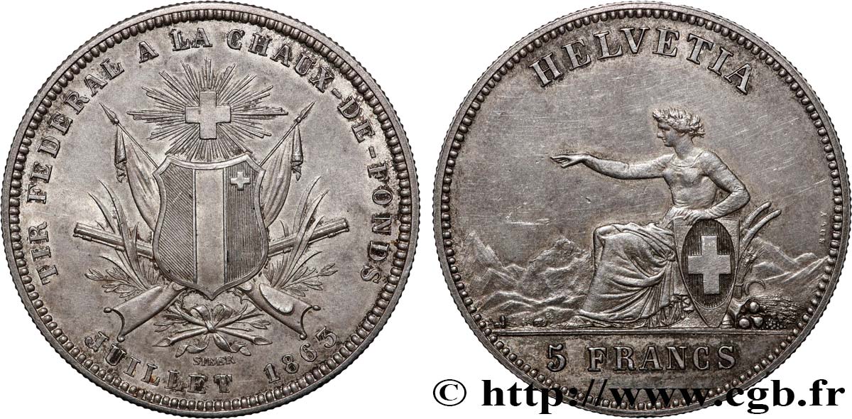SVIZZERA 5 Francs Tir fédéral de la Chaux-de-Fond 1863 q.SPL