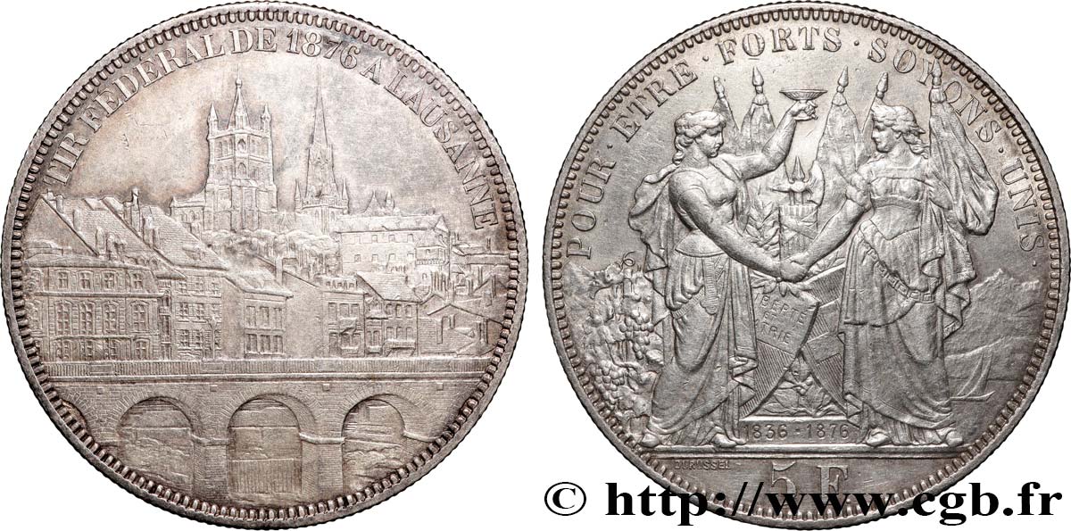 SCHWEIZ 5 Francs, monnaie de Tir, Lausanne 1876  SS 