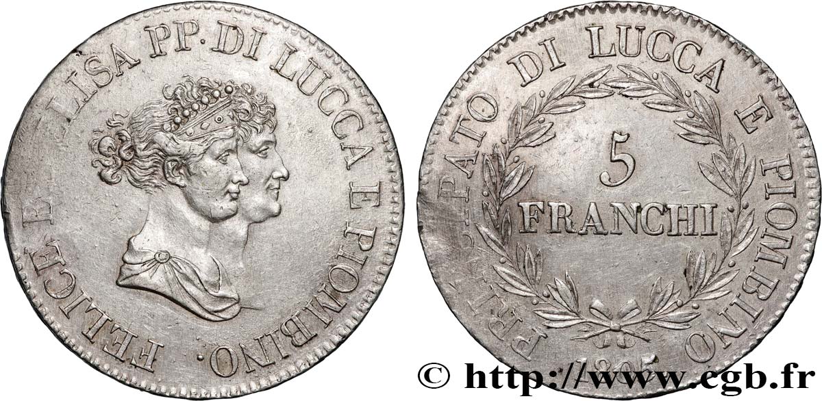 ITALIA - PRINCIPADO DE LUCCA Y PIOMBINO - FELICE BACCIOCHI Y ELISA BONAPARTE 5 Franchi - Moyens bustes 1805 Florence EBC 